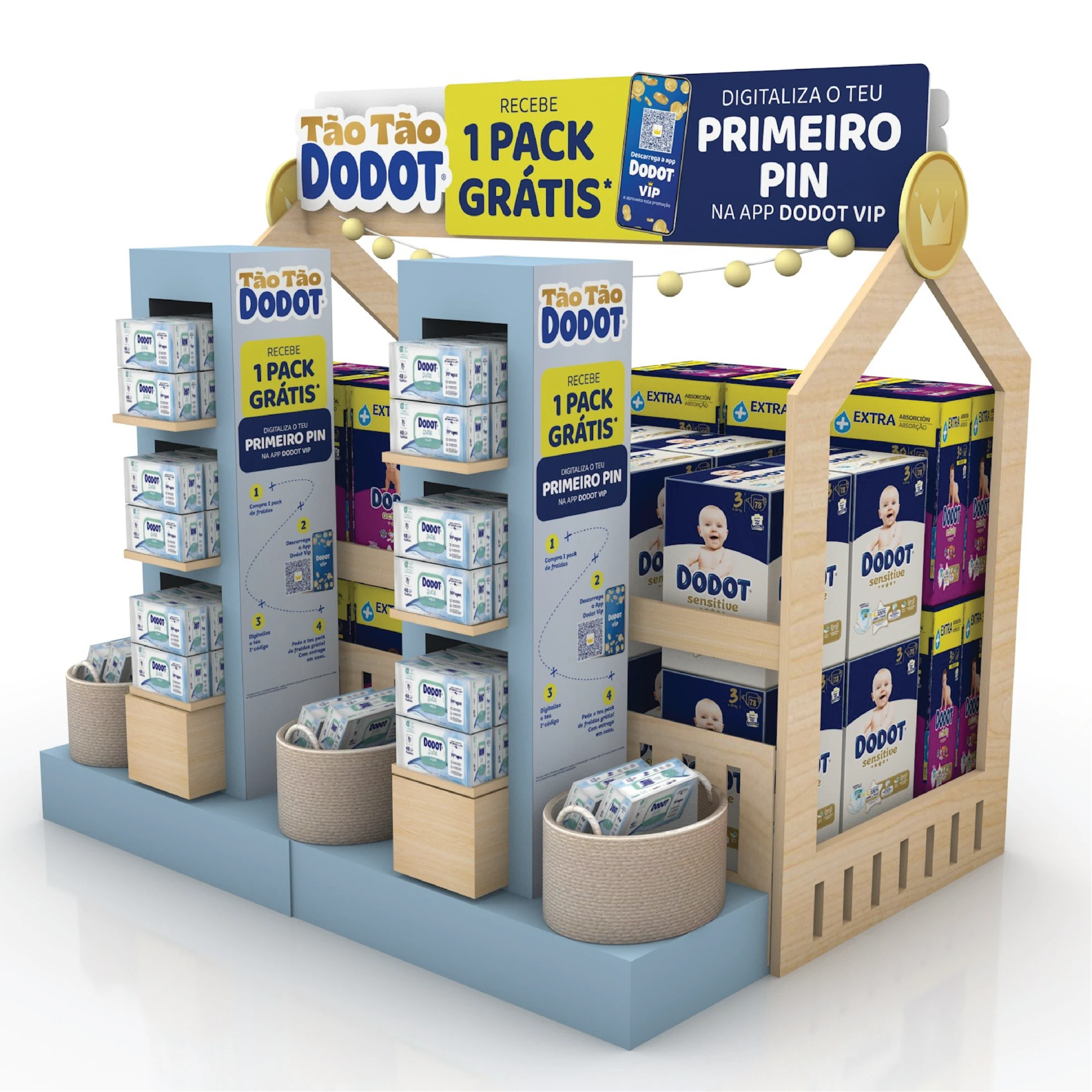 Dodot retail activation with product shelves and cylindrical displays