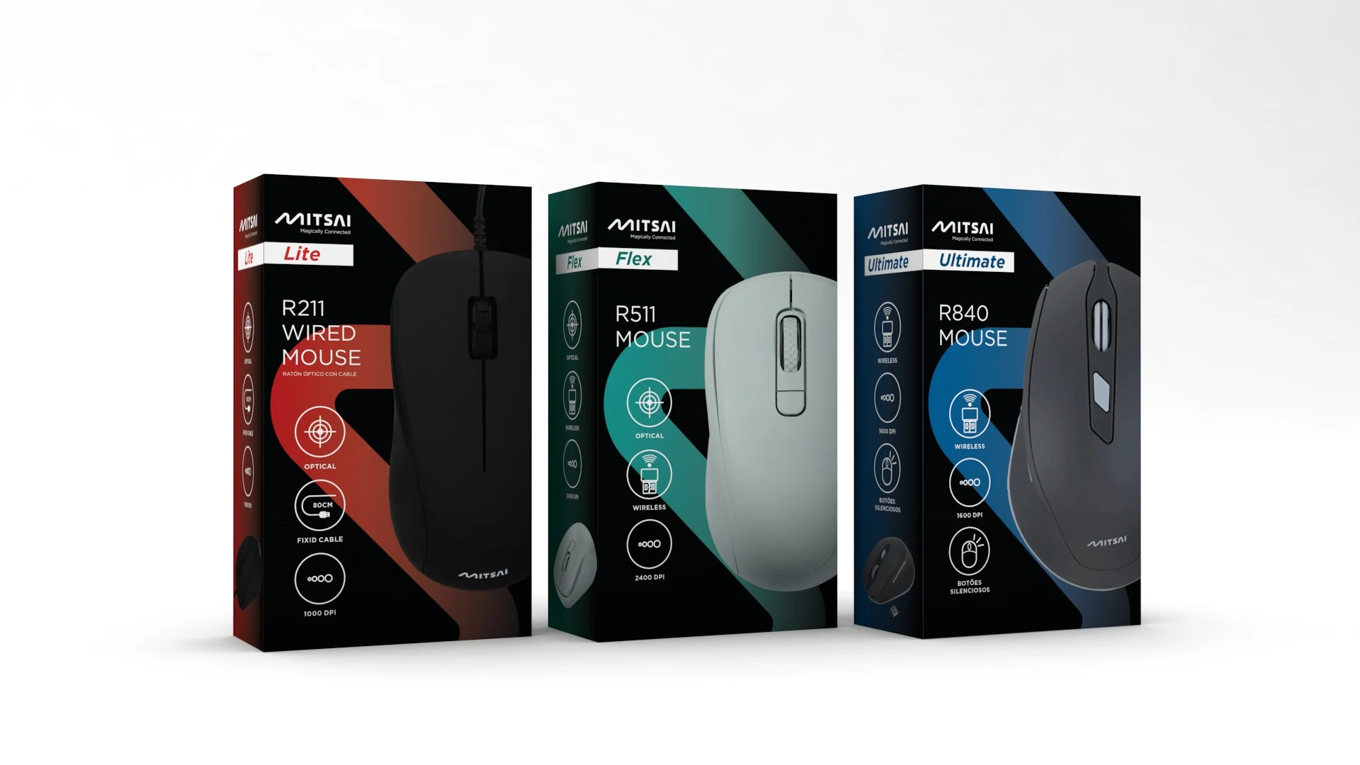 Mitsai mouse packaging range with colour-coded product tiers