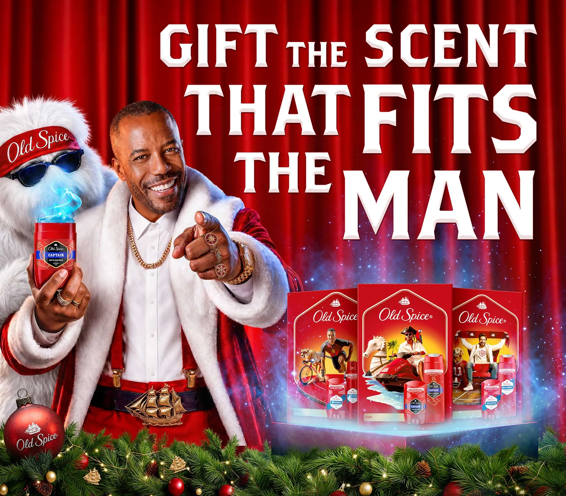 Old Spice Christmas campaign featuring gifts and product packs