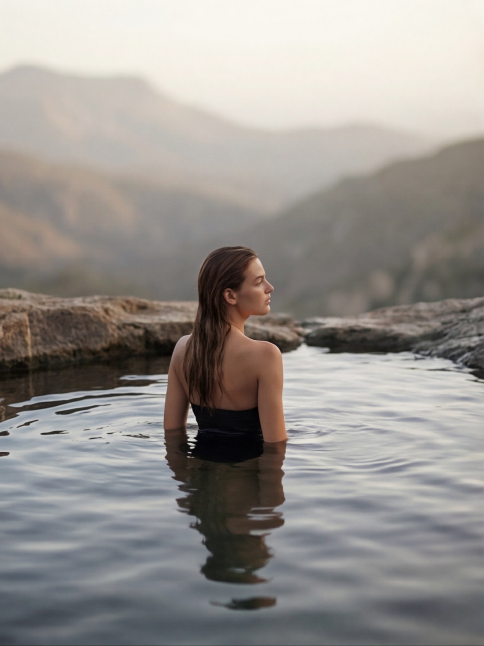 Outdoor thermal pool in a mountain landscape