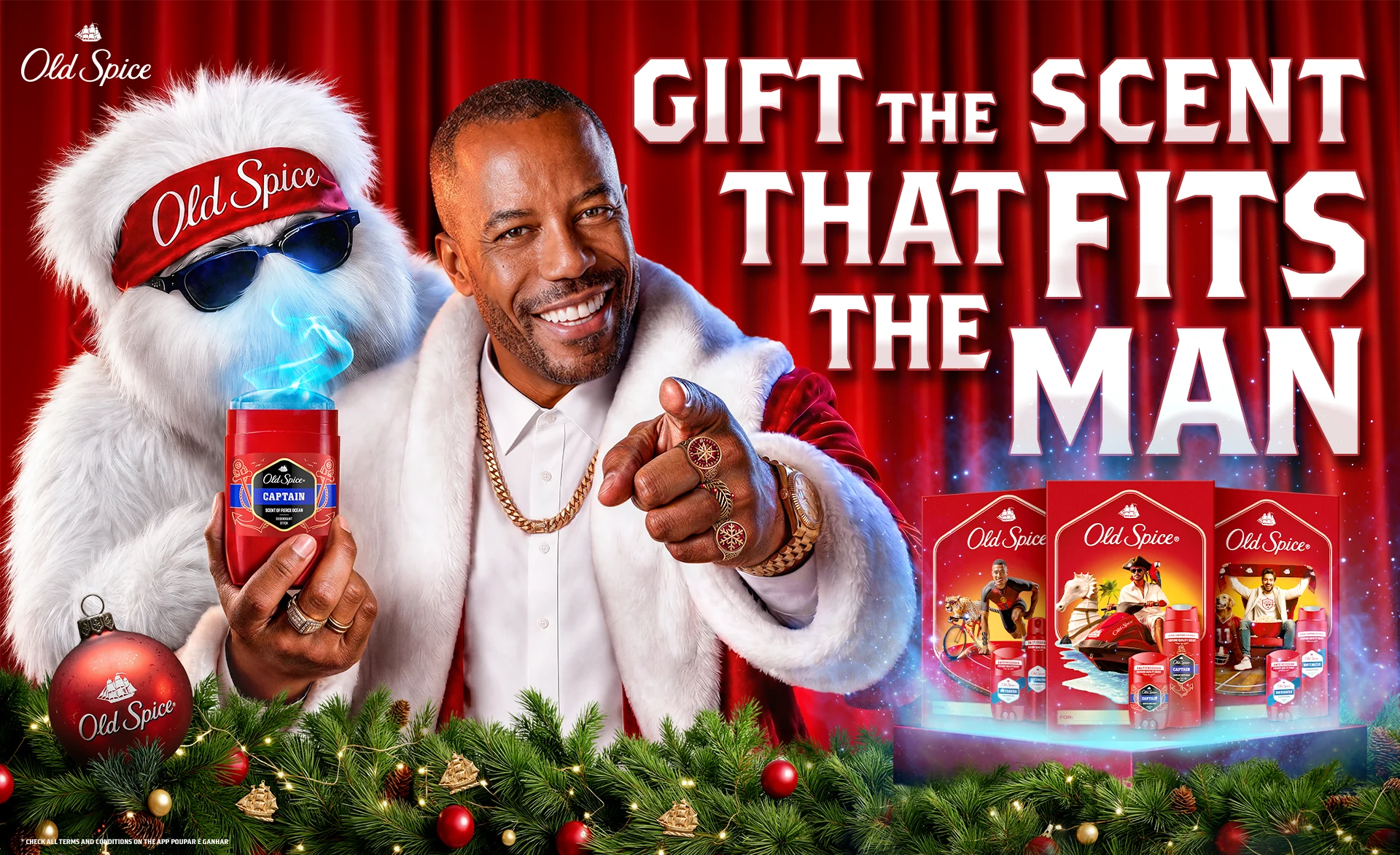Old Spice Christmas key visual featuring Santa and gift products