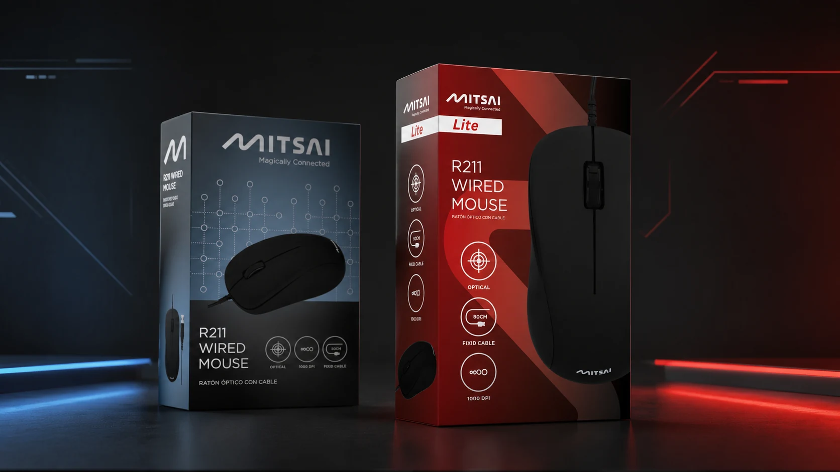 Mitsai mouse packaging in blue, green and red product tiers