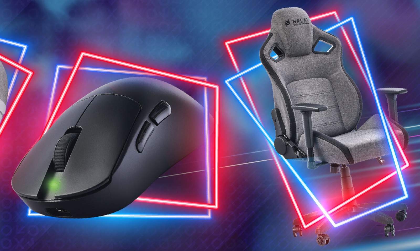 NPLAY gaming mouse and chair framed by red and blue neon