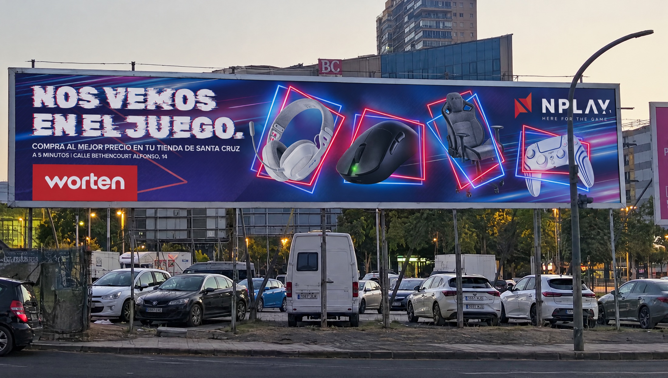 NPLAY billboard installed above a car park in Tenerife