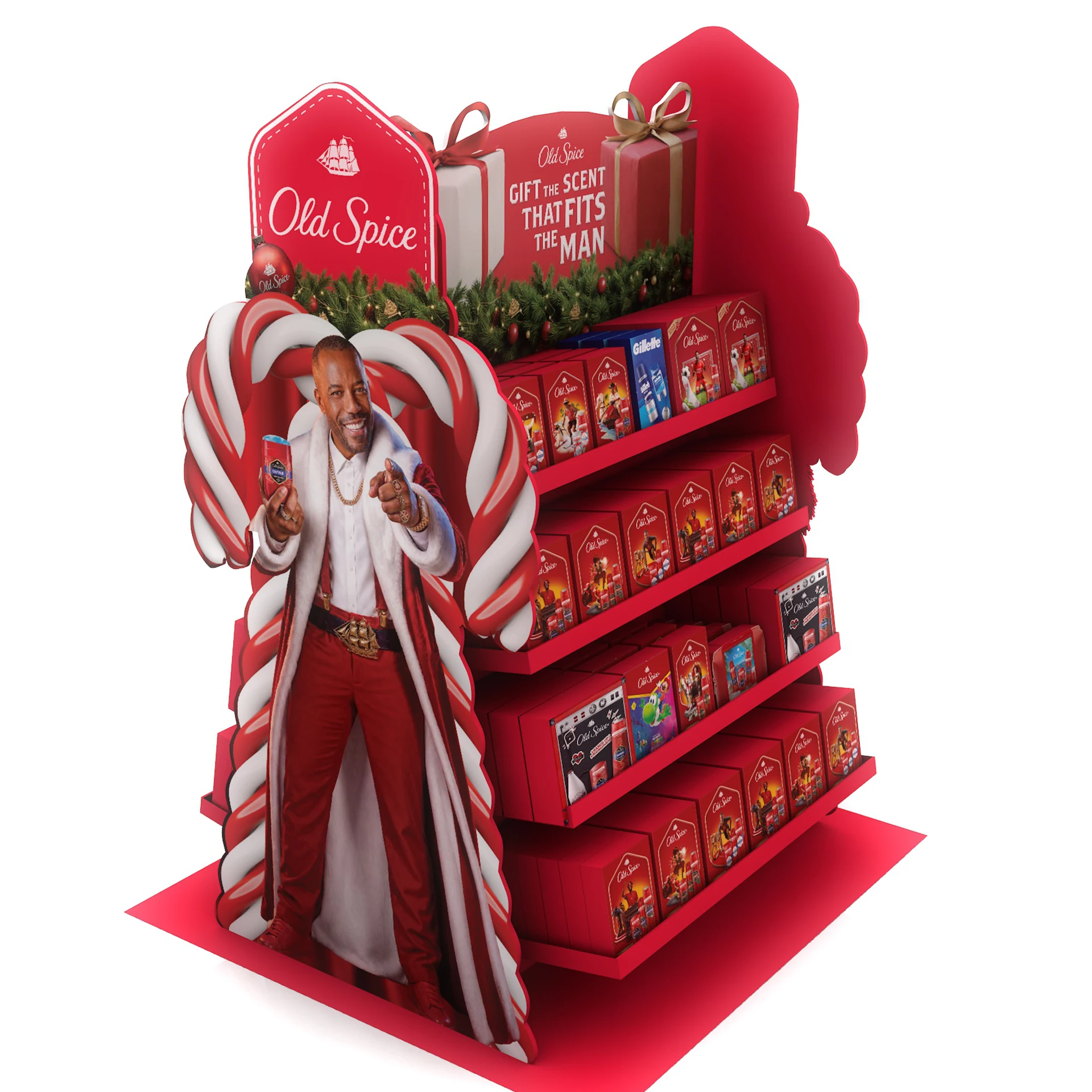 Old Spice Christmas product display with Santa illustration