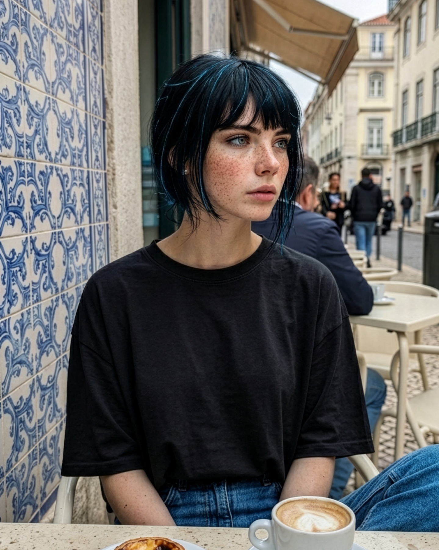 Aria, a synthetic character, seated at a Lisbon café