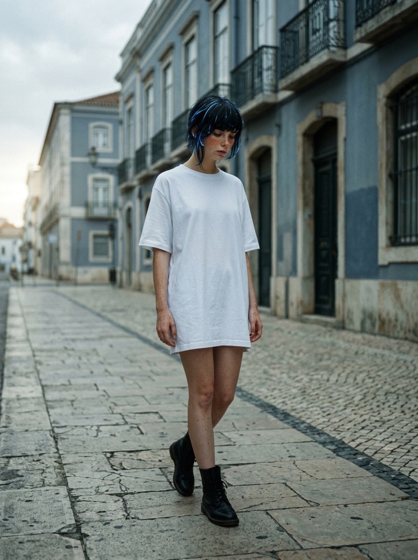 Aria in a white T-shirt on a cobbled street