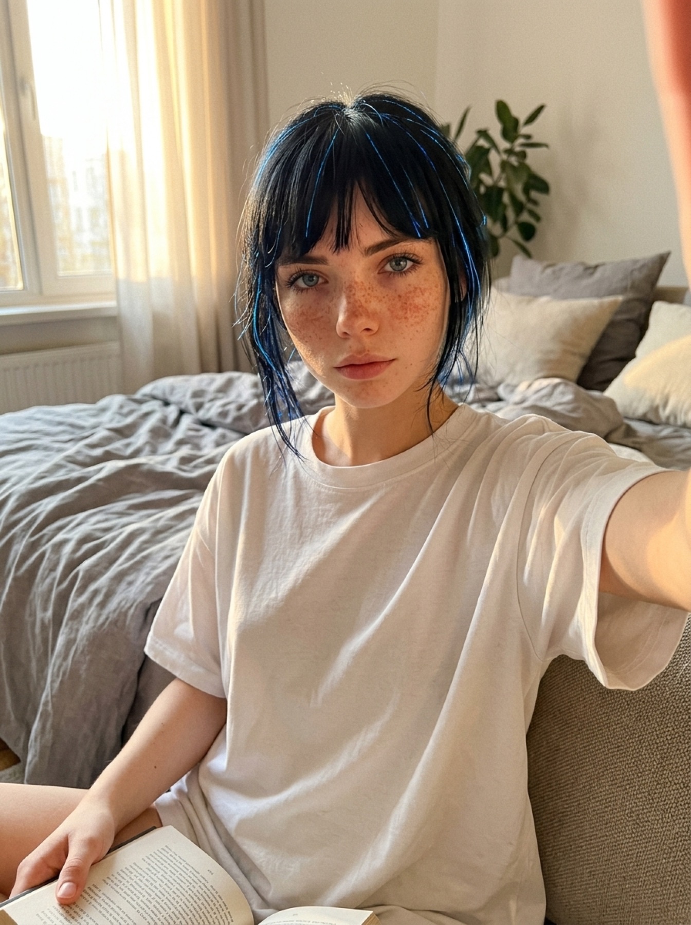 Aria in a white T-shirt beside a bed