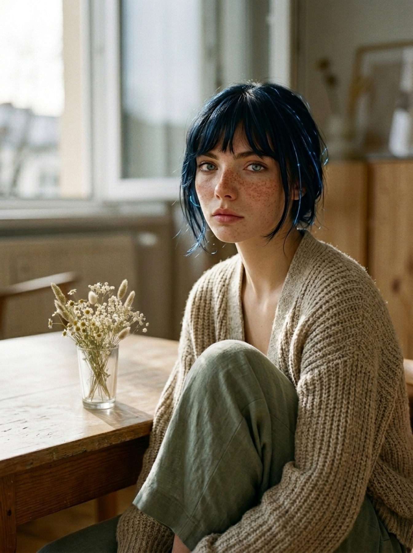 Aria in a knitted sweater beside a window