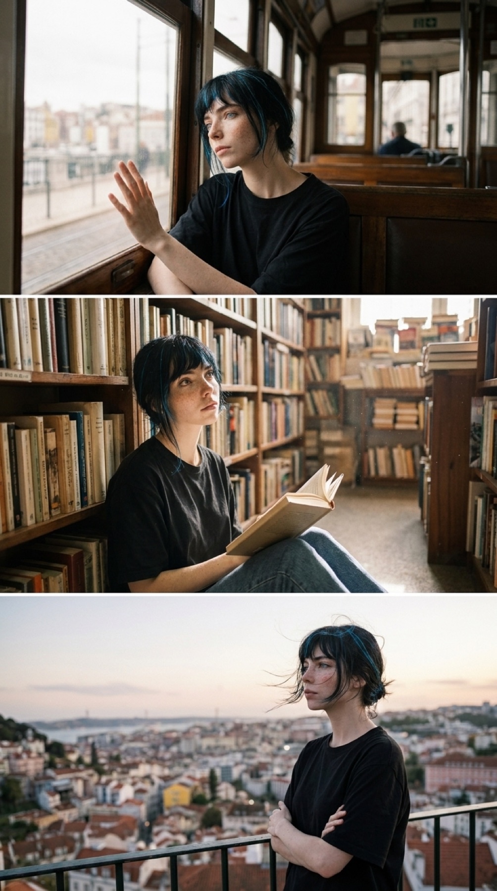 Aria image sequence in a café, a library and by the water